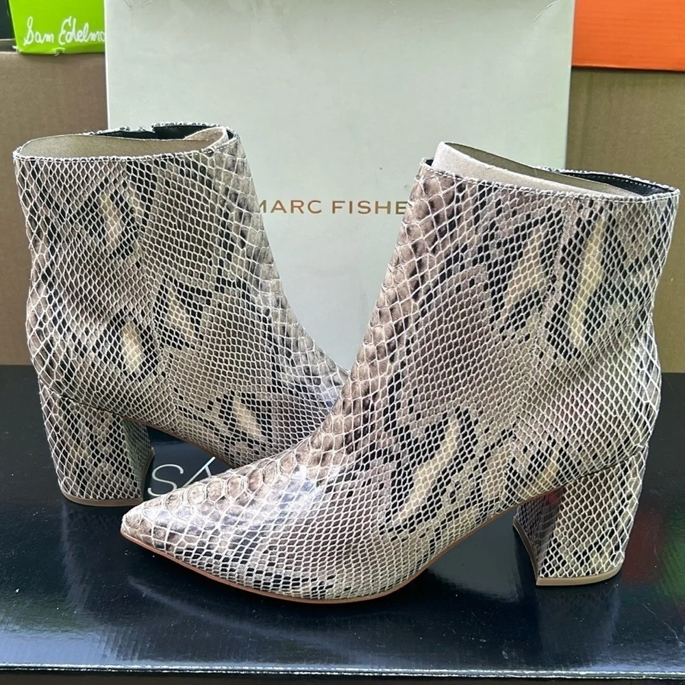 Marc Fisher Women Medium Snakeskin Pointed Ankle Boots, Brown/Black